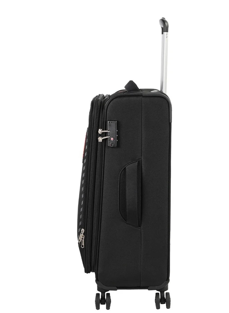 AMERICAN TOURISTER black Marina Suitcase, Check-In Size 70 cm / 26 inch, 4 Spinner Wheels, Soft Top, 100% Polyester, Black|Inner Mesh Zippered Pocket|Expandable|TSA Lock|Voluminous Front Pocket - 3 Years International Warranty  | Best Price UAE